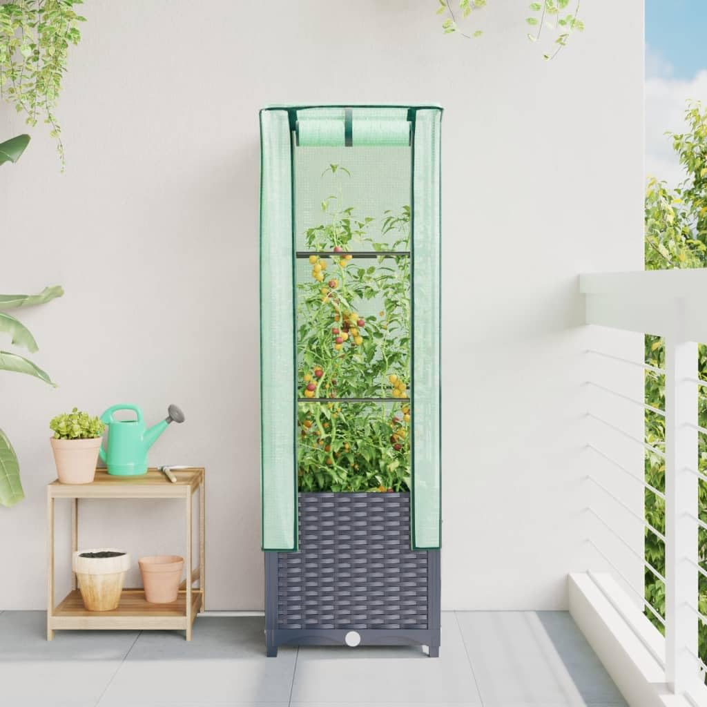 Homgoday Hochbeet mit Gewächshaus-Aufsatz Pflanzkasten Gemüsebeet Blumenbeet Blumenkasten Gartenbeet Pflanzbeet Frühbeet für Balkon Garten Terrasse Rattan-Optik 40x40x139 cm Dunkelgrau