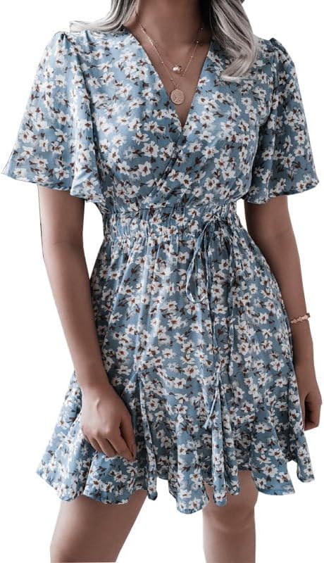 Women's Blue Floral Wrap Mini Dress, V Neck Short Sleeve Ruffle Hem Summer Dress