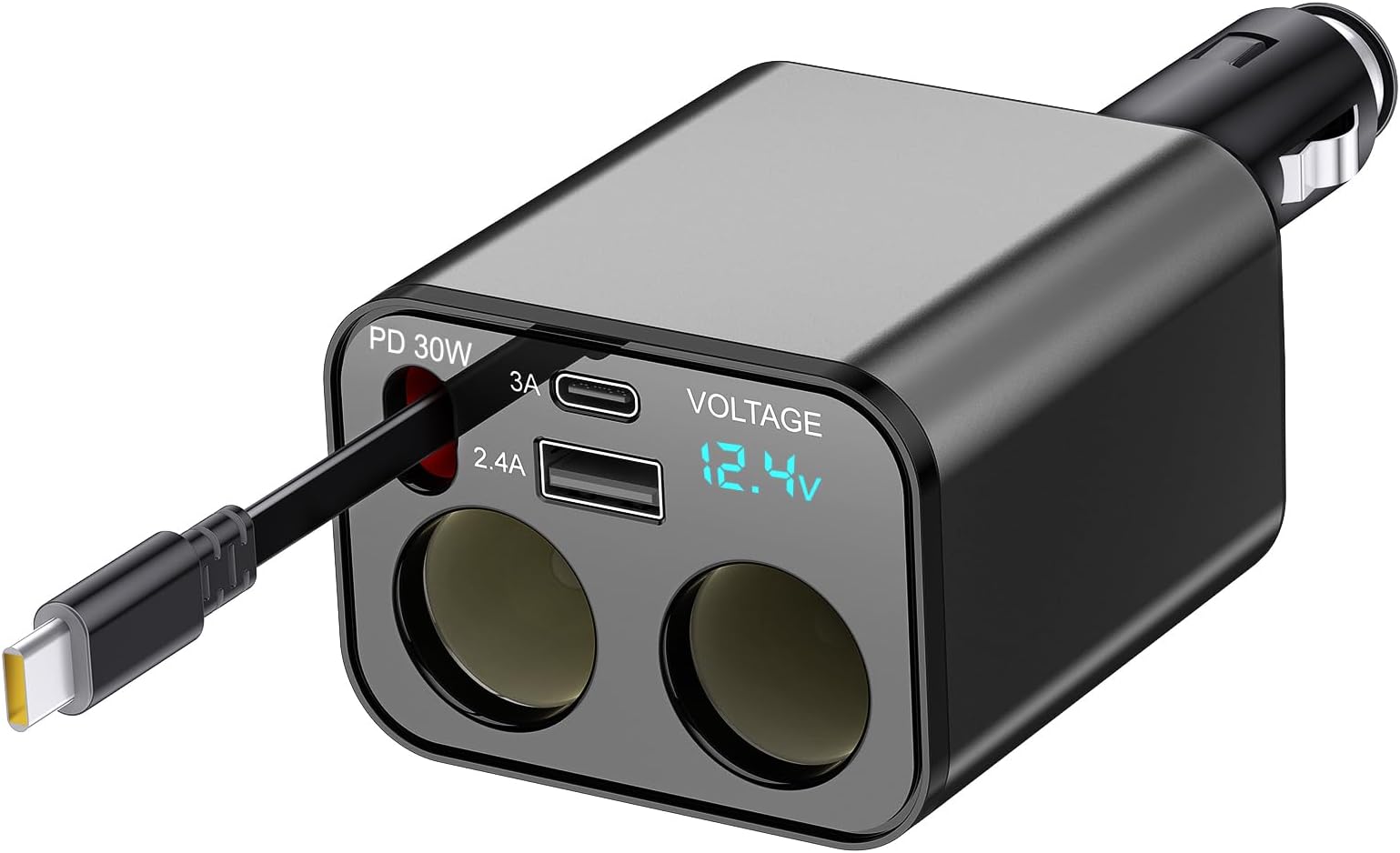 Retractable Car Charger, 5 in 1 Fast Car Phone Charger with 2-Socket Cigarette Lighter Splitter, Retractable Cable, USB A and USB C Ports for iPhone 16 15,GPS,Dash Cam,Laptop,iPad,Galaxy,Pixel