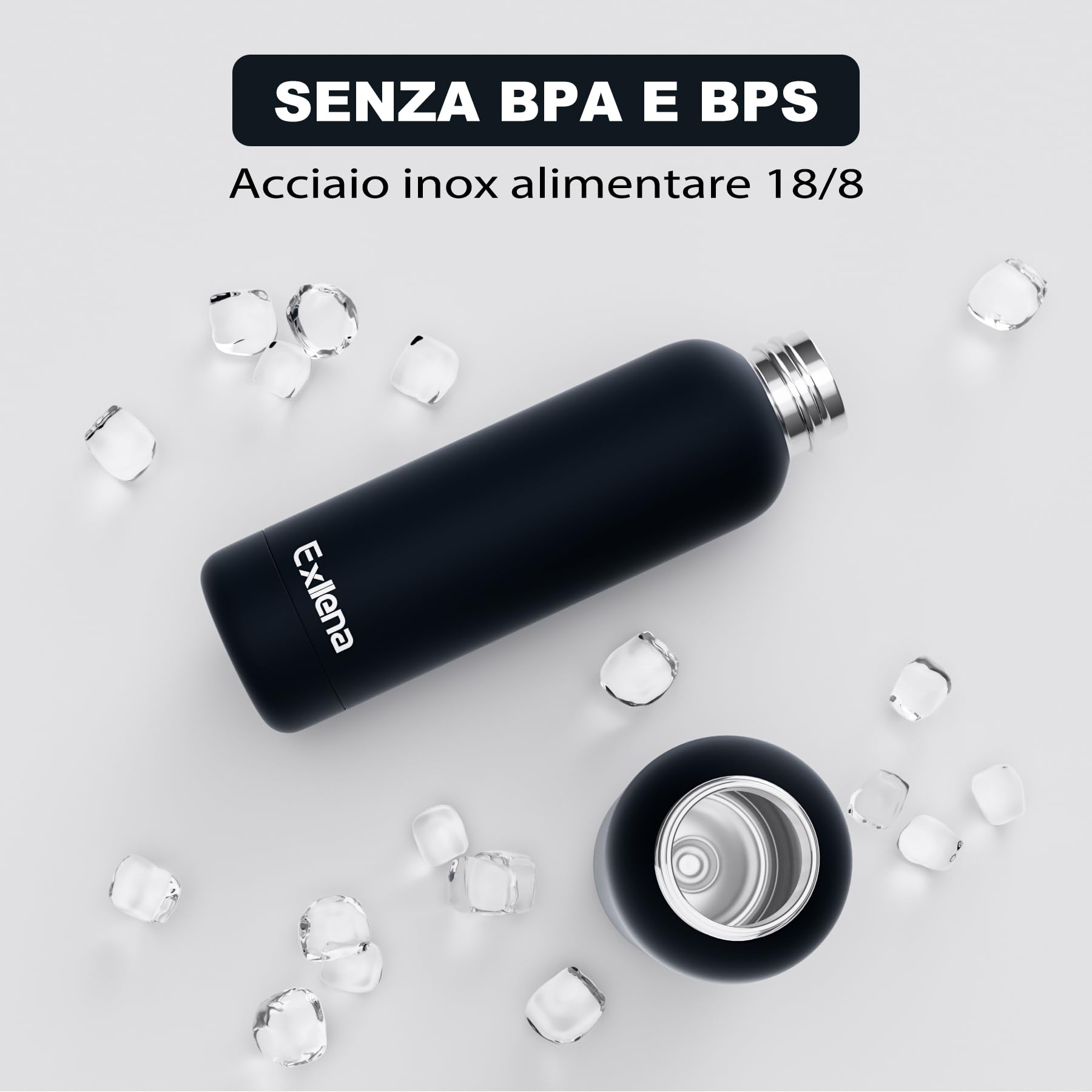 Exllena Borraccia Termica 500 ml - Bottiglia Termica Doppio Vuoto Mantenere Calore/Freddo - Senza BPA - 100% A Tenuta Stagna con Anello per Tote (Nero)