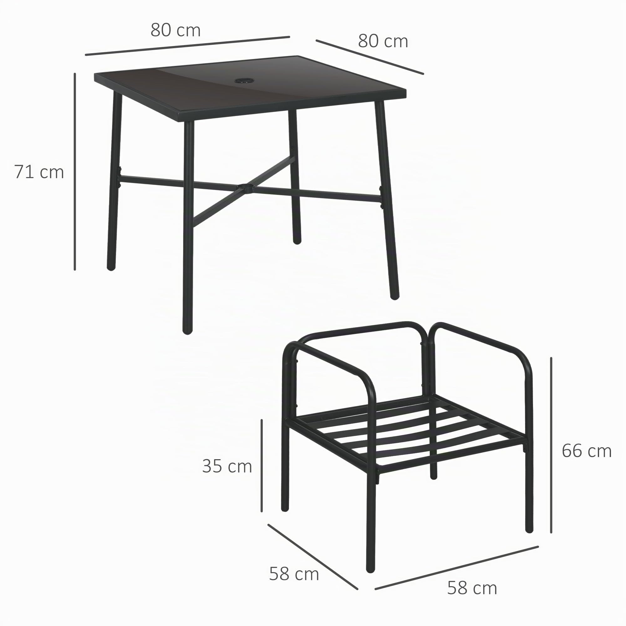 Outsunny Set da giardino in acciaio 5 pezzi con tavolo da pranzo quadrato