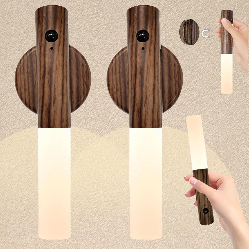 2 Piezas Lampara Inalambrica LED Pared, Luces De Pared Magnéticas Recargables USB, Con Sensor De Movimiento, Para Dormitorio, Pasillo, Escalera (Nogal Negro)