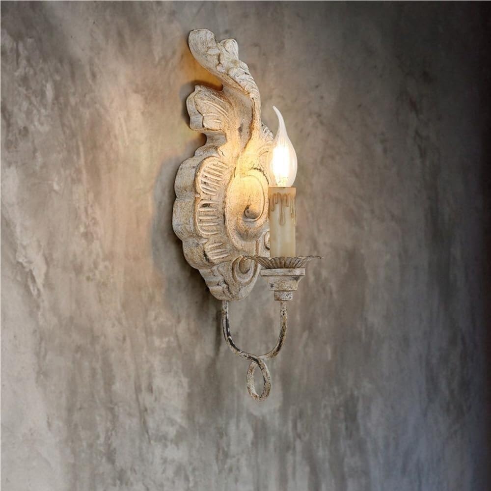 Wandleuchte Innen Wandlampe Antike Bauernhaus Wandleuchter Französisch Land Wandhalterung Licht E14 weiß Holz Kerze Wandlampe(White)