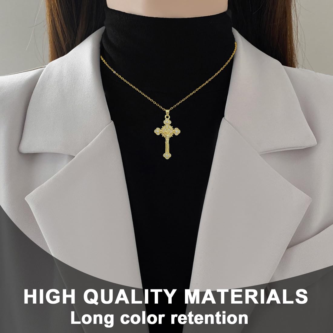 Collier Femme Croix Catholique Plaqué Or Jaune - 45 Cm, Zircon Blanc, Neuf Avec étiquettes