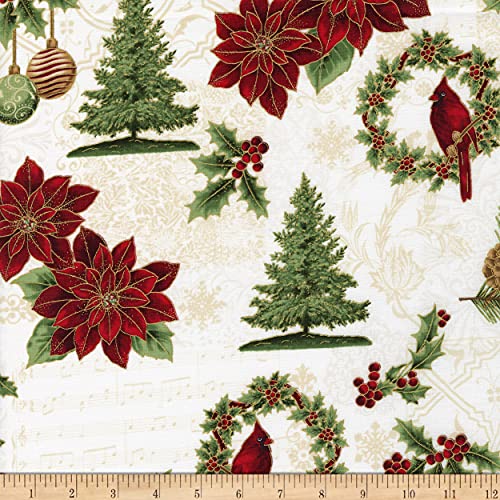 Hoffman Metallic Joyful Traditions Christmas Medley Natural/Gold, Quilting Fabric by the Yard