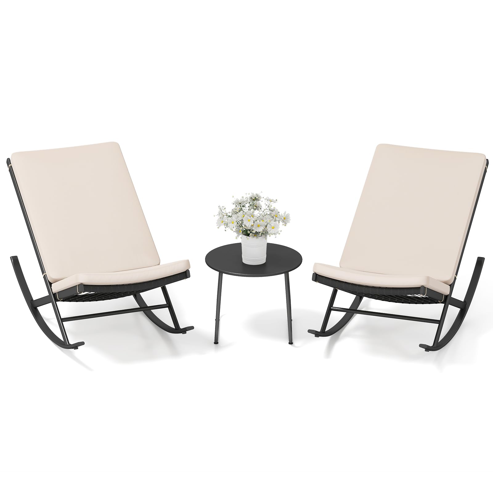 GIANTEX Juego de Muebles de Jardín 3 Piezas, 2 Sillones Mecedoras de Ratán PE, Mesita de Café Redonda, Asiento con Cojín, Conjunto de Conversación para Patio, Balcón, Terraza