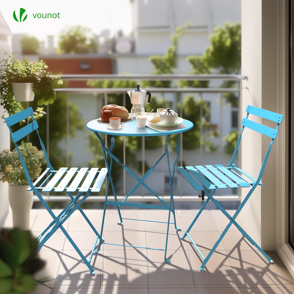 VOUNOT® Conjunto de Muebles de Jardín Plegable 3 Piezas, Set de Bistro con Marco de Acero Resistente y Respaldo, Juego de 1 Mesa Redonda y 2 Sillas Terraza, para Balcón, Jardín, Patio, Exterior, Azul
