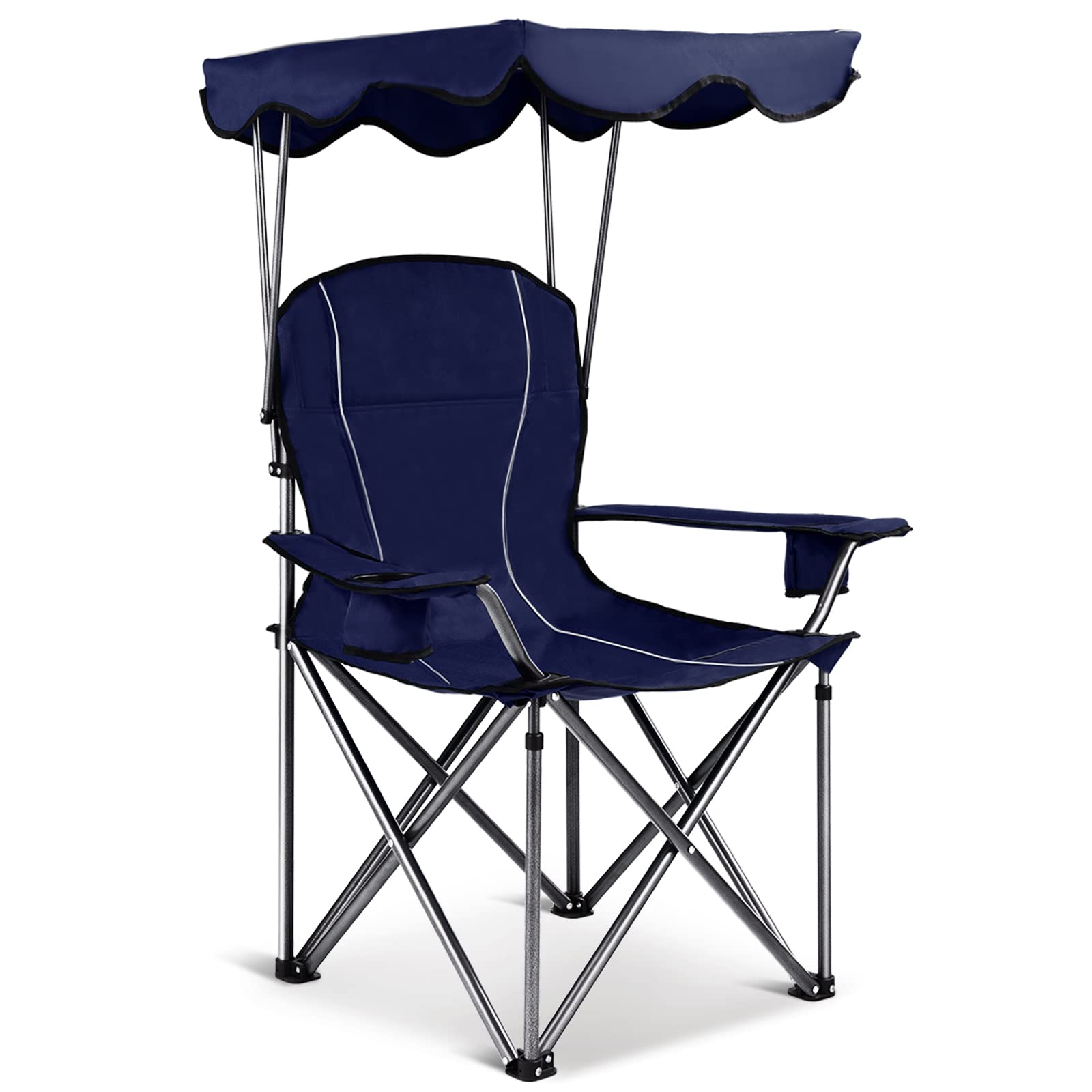 KOMFOTTEU Sedia da campeggio con baldacchino, sedia da spiaggia e da spiaggia, pieghevole, sedia da pesca con portabicchieri e borsa, sedia pieghevole per esterni, fino a 130 kg (blu)
