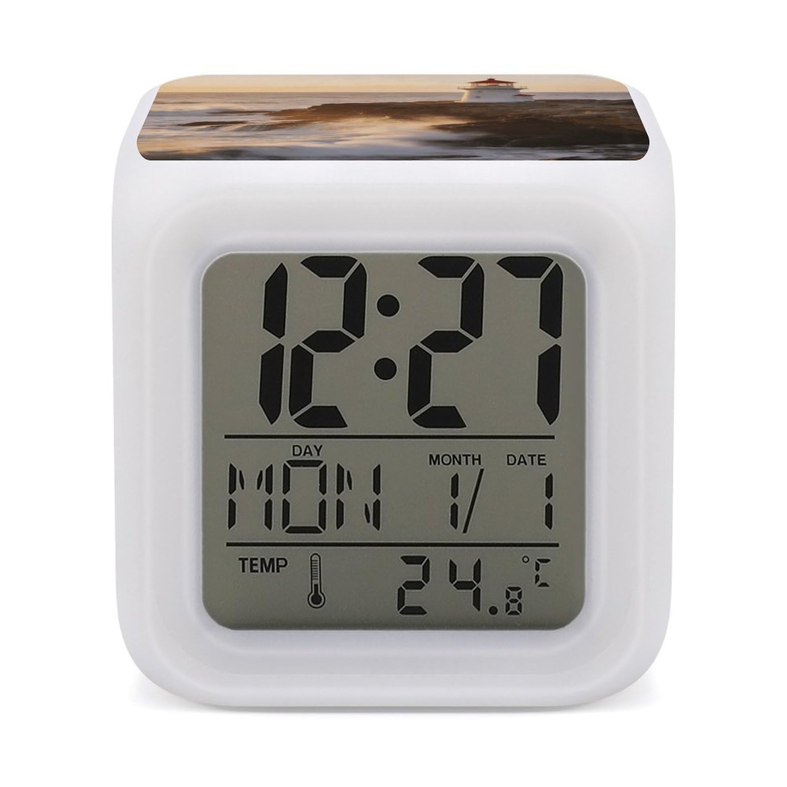 LZQPOEAS Lighthouse Waves Alarm Clock with 7 Color Changing Nightlight for Bedroom Calendar Temperature Display Wake Up Digital Clock Small Desk Clocks for Heavy Sleepers Adults