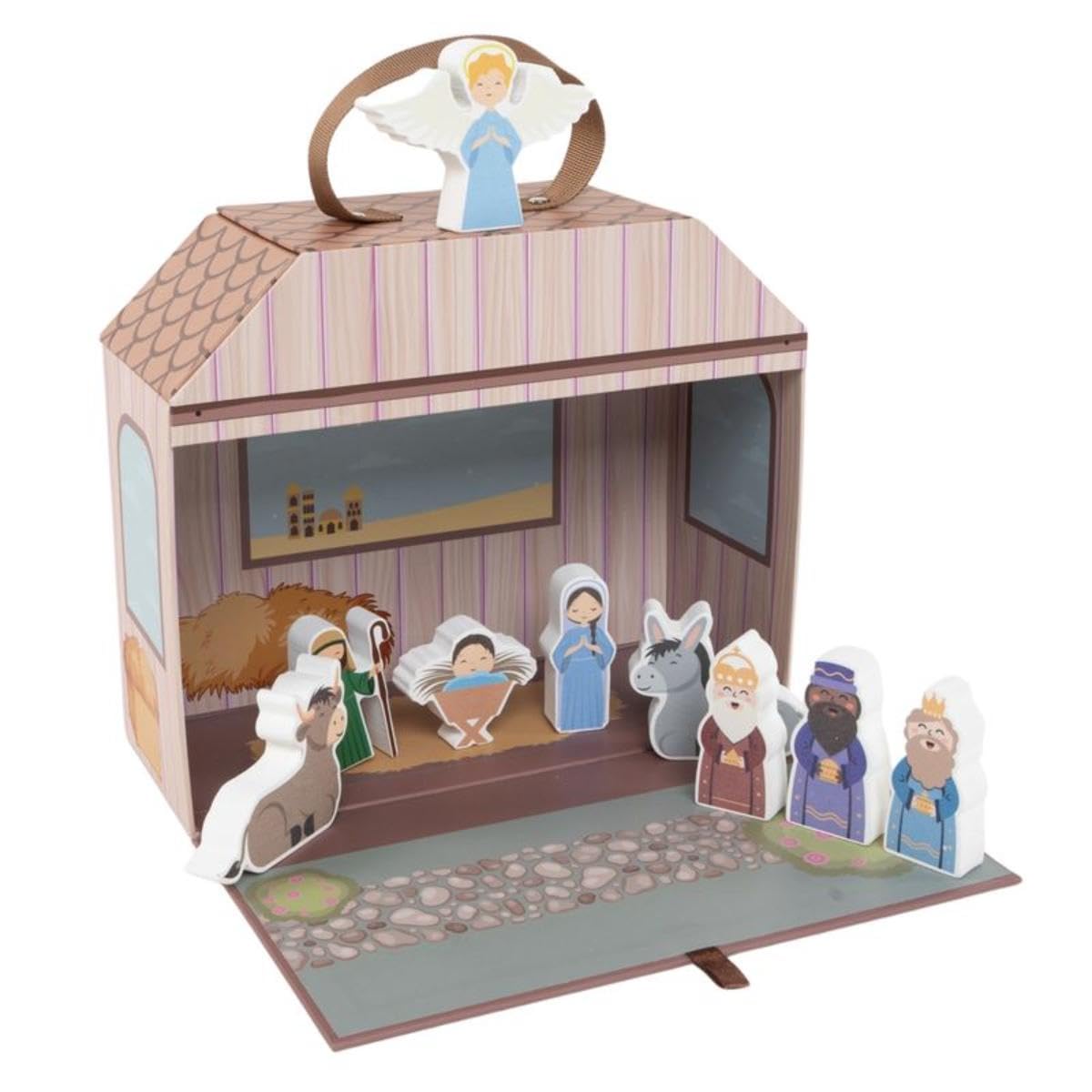 ROCKING GIFTS Belén de Madera con 9 Piezas con Caja de Fácil Almacenaje, Nacimiento Niño Jesús con Reyes Magos, Figuras Adorables, Decoración de Navidad