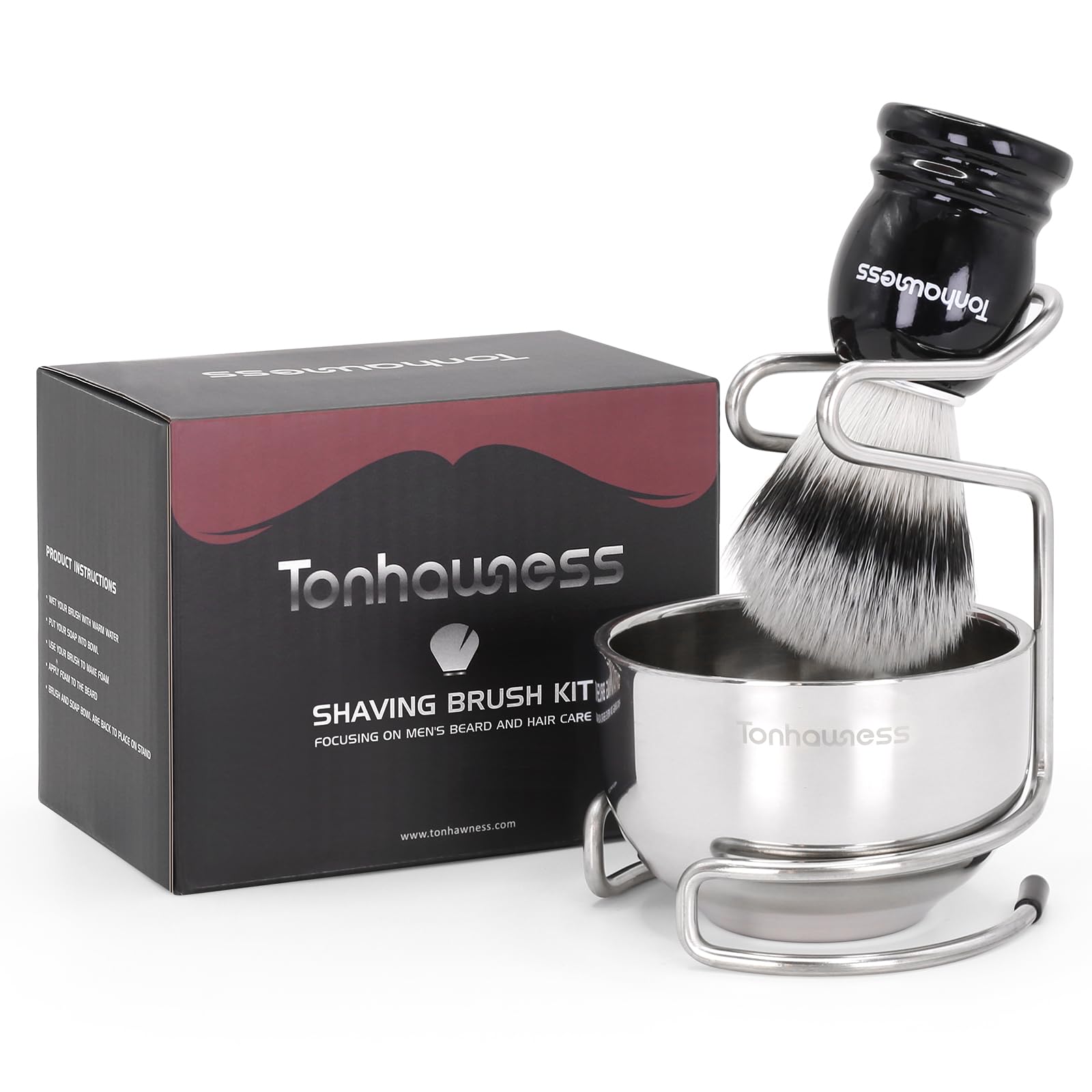 Kit per pennello da barba per uomo, set da barba 3 in 1 include pennello con setole in nylon, ciotola da barba in acciaio inossidabile a 3 strati e supporto per la rasatura con modellazione integrata