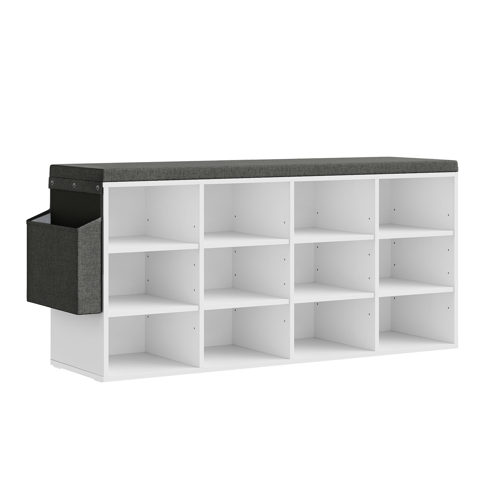 WOLTU Banc de Rangement à Chaussures, Meuble d’Entrée pour Chaussures, Étagère Autoportante à 12 Compartiments en Panneau Aggloméré avec Coussin en Tissu Gris, Blanc, 102x30x48,5 cm