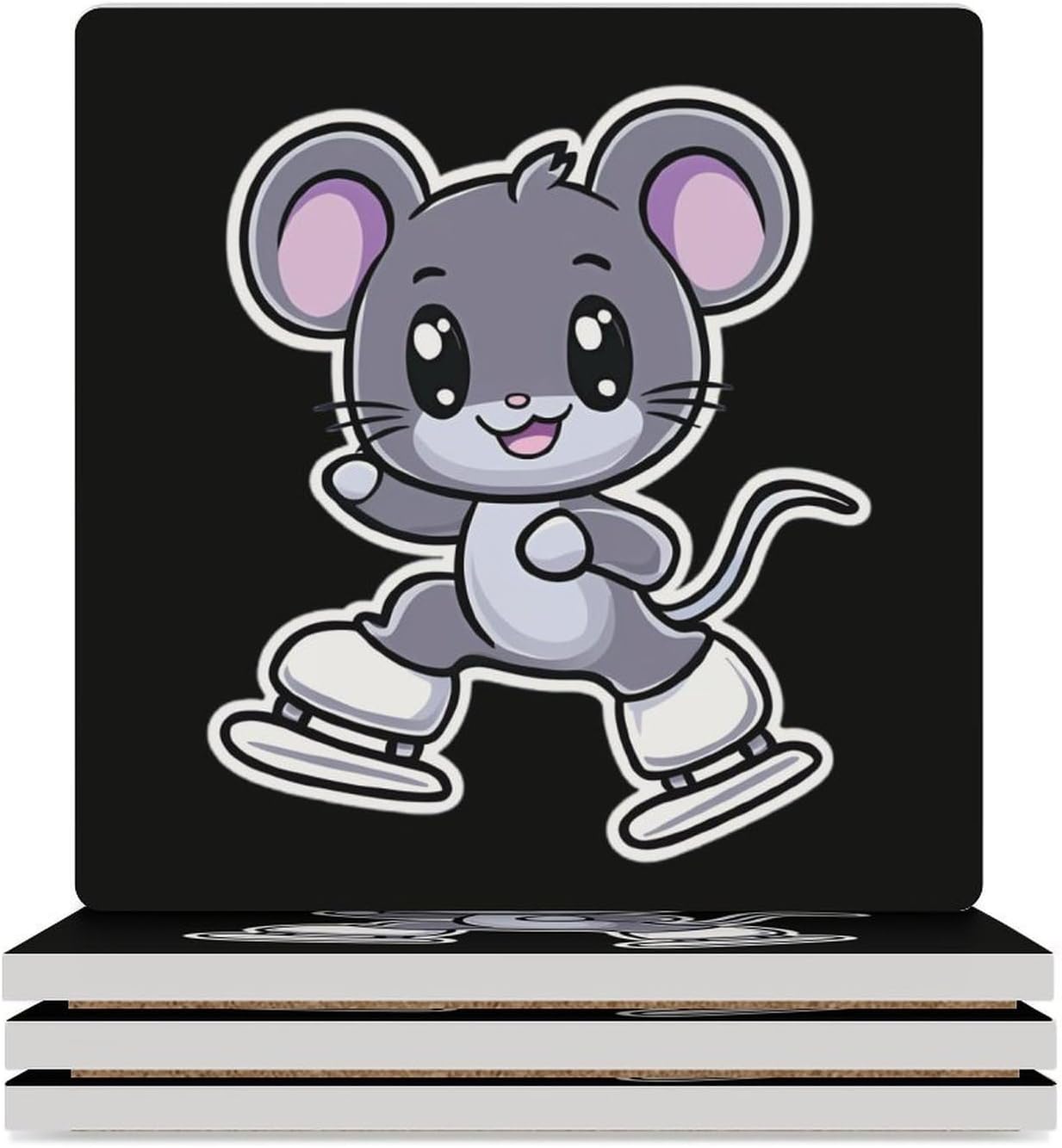Rat Skater Funny Ceramic Coasters for Drinks Absorbent Cup Holder Tabletop Protector with Cork Base