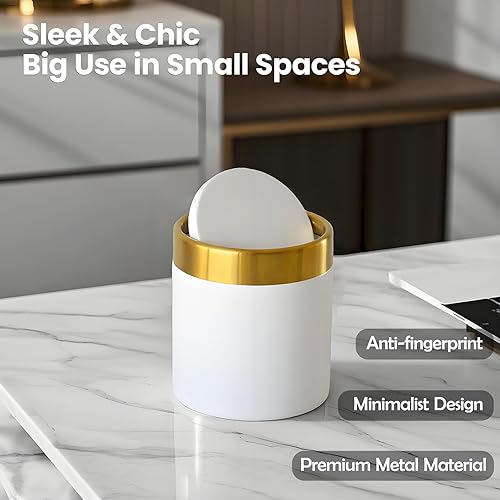 Miniatura 3 de JILLICK Bote de basura pequeño con tapa, mini bote de basura de escritorio, 1.5 litros0.4 galones, pequeño bote de basura de metal para baño,