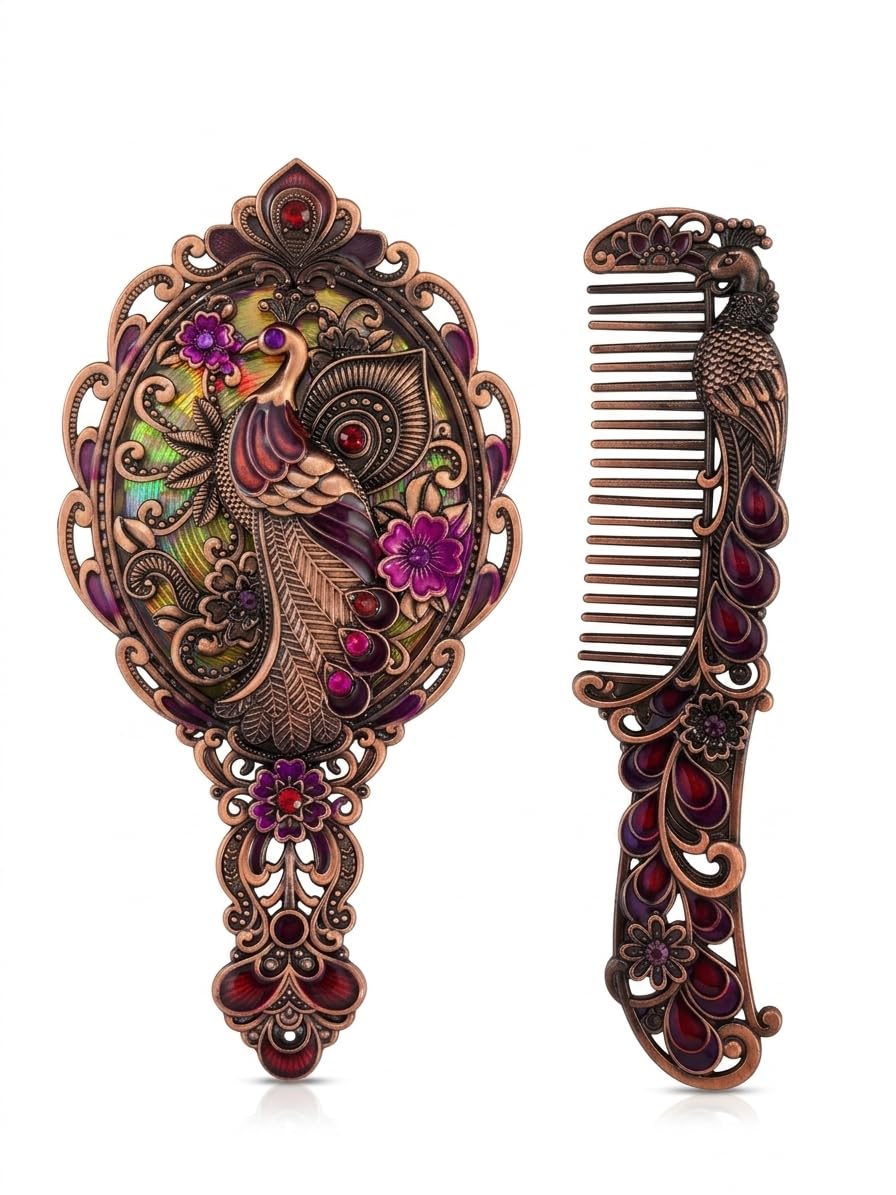 Vintage Peacock Hand Mirror and Comb Set, Antique Silver Zinc Alloy Vanity Set with Hand-Painted Enamel, Hand Makeup Mirror for Dressing Table & Gifting Antique Brown, 13cm-image-27