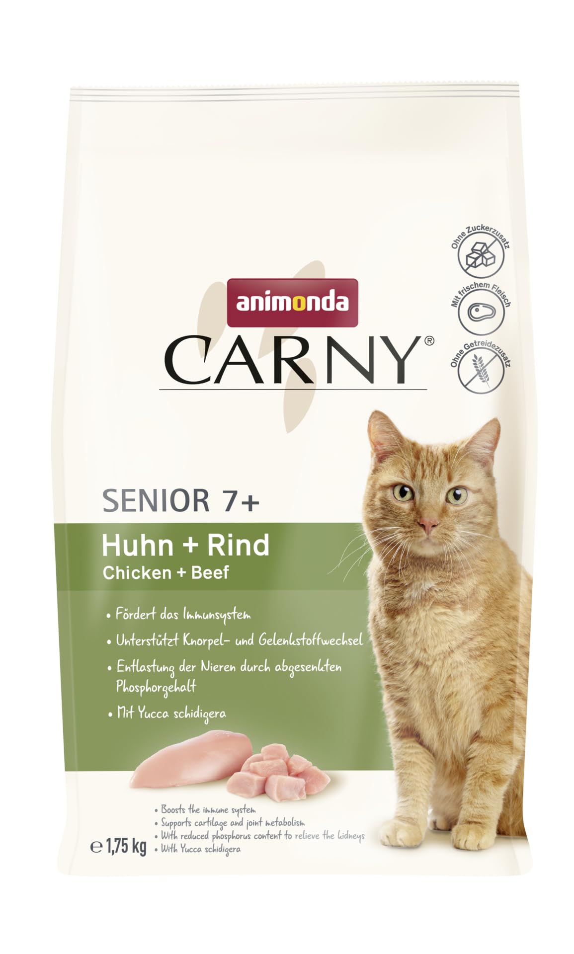 animonda Carny Katzen Trockenfutter mit Huhn + Rind (1 x 1,75kg), Trockenfutter für Senior Katzen ohne Zucker und Getreide, mit viel frischem Fleisch vom Huhn und mit Rinderprotein