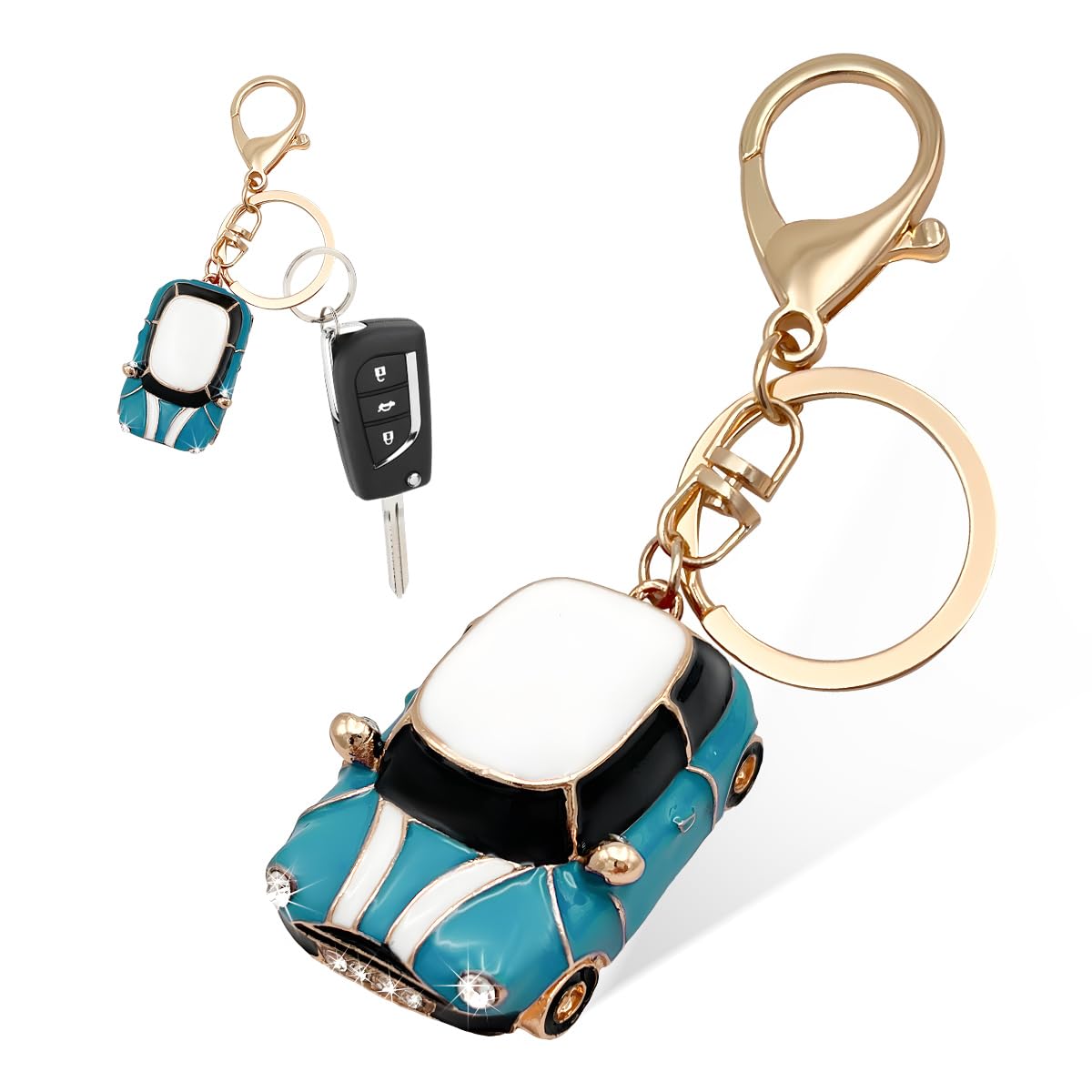 Car Model Keychain, Mini 3D Metal Car Shape Keychain with Key Ring, Rhinestone Car Keychain Gift, Car Accessories (Lake Blue)