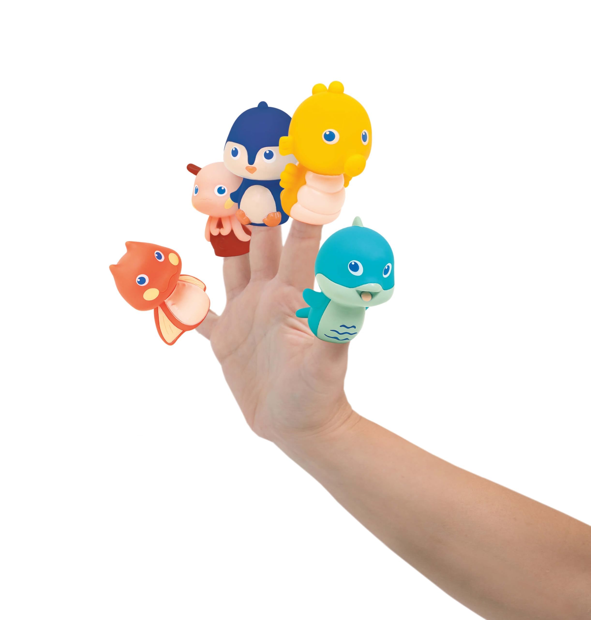 LUDI - Livre d'éveil en Plastique pour Jouer à l'heure du Bain - 5 marionnettes de Doigts : Thème Fond Marin - Facile à Nettoyer - Développe Le langage - Dès 10 Mois - 5