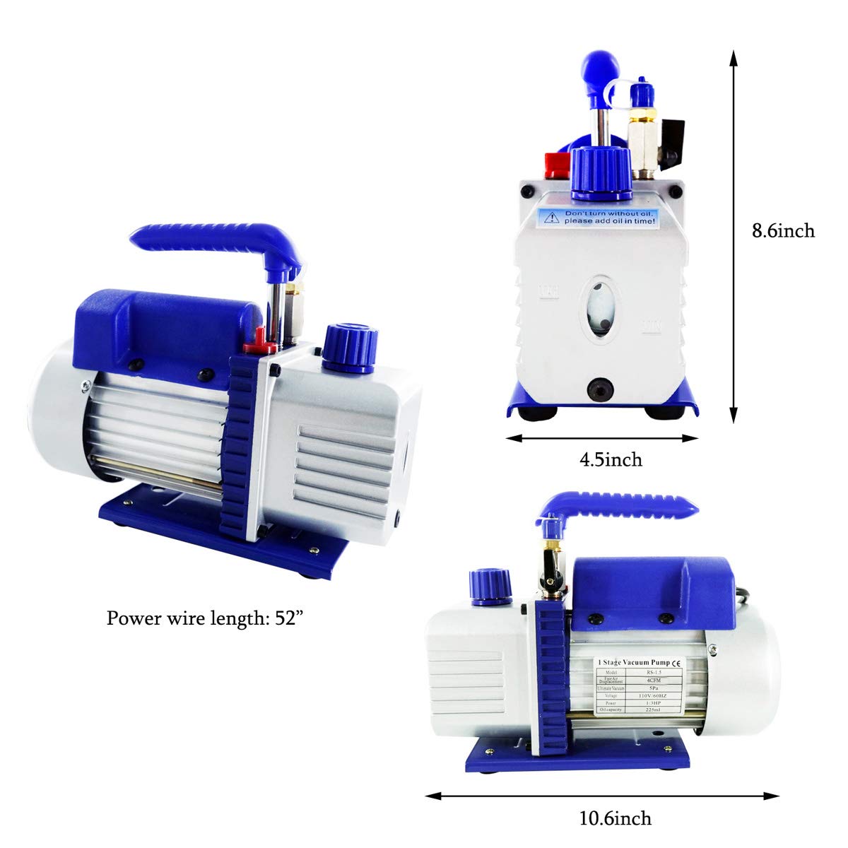 4CFM 1/3HP Single Stage Rotary Vane Vacuum Pump, Vacuum Pump HVAC 110V, Air Conditioning Vacuum