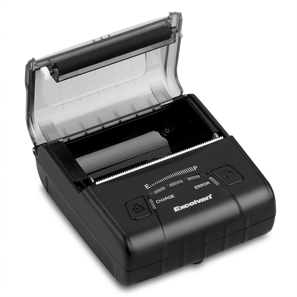 Nahoru view of the EXCELVAN E300 printer with the paper compartment open, showing a thermal paper roll inserted.