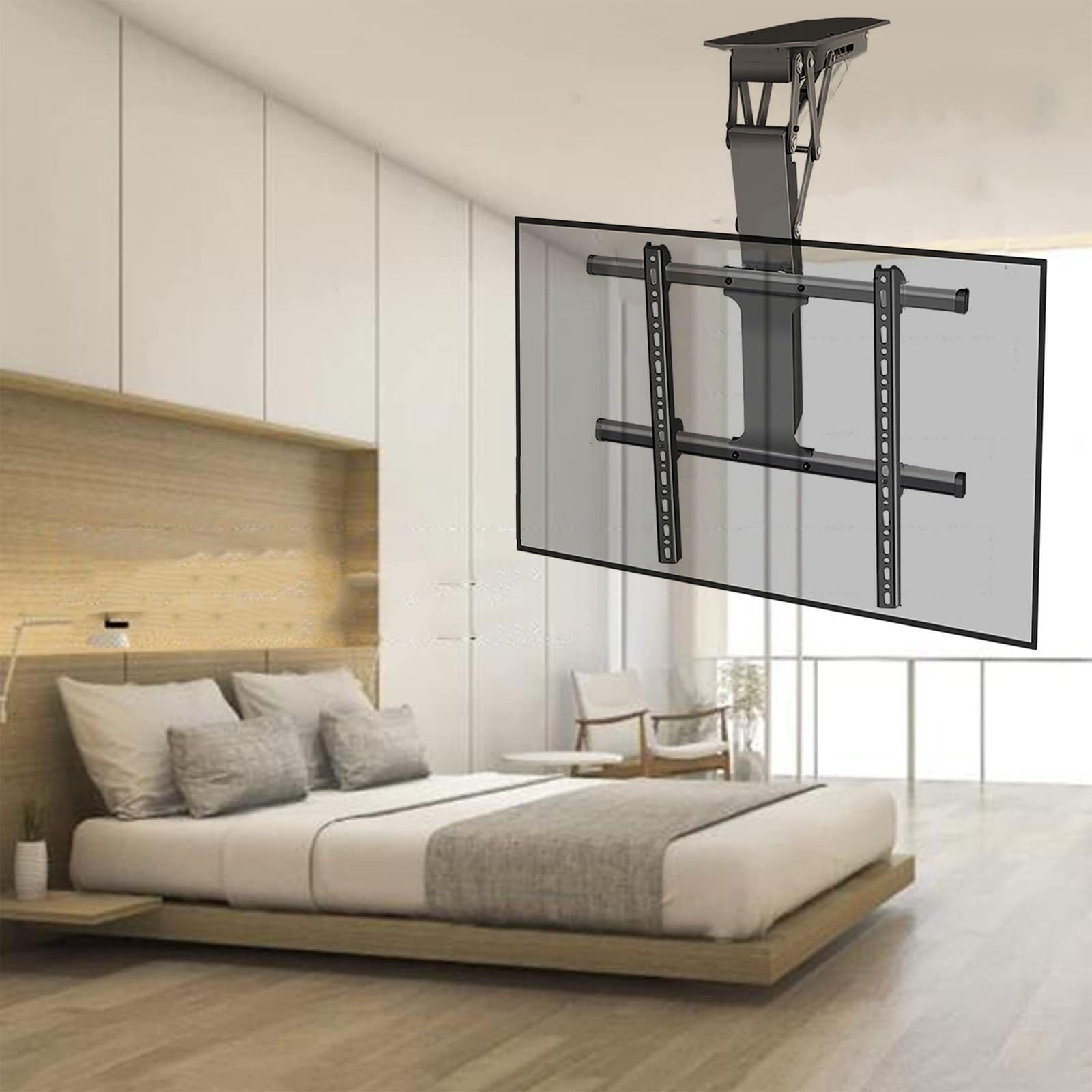 Elektryczny uchwyt do telewizora sufitowego - Uchwyt ścienny do telewizora, zmotoryzowany uchwyt podłogowy do telewizora ze stali walcowanej na zimno, z pilotem i przełącznikiem sterującym