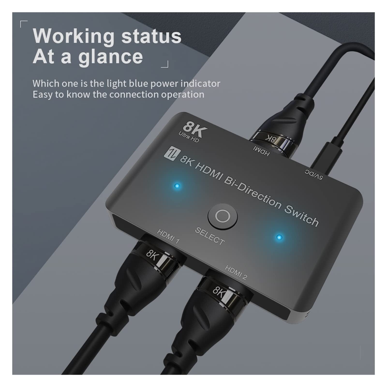HDMI-Switch-Splitter, HDMI-kompatibler 8K HD 2.1 Bidirektionaler Switch 8K@60Hz 4K@120Hz 1in 2 Out 2in 1 Out High Speed ​​48Gbps Splitter Einfach einzurichten (Color : Gris, Size : Small)