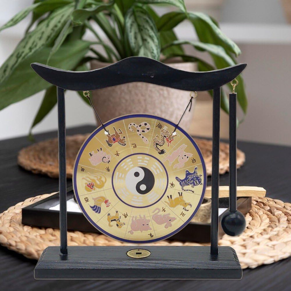 Ornamento Gong Tavolo con Maglio, Gong Tavolo Cinese Feng Shui Gong Grafico di Gossip Cinese per Decorazione Domestica di Inaugurazione della Casa