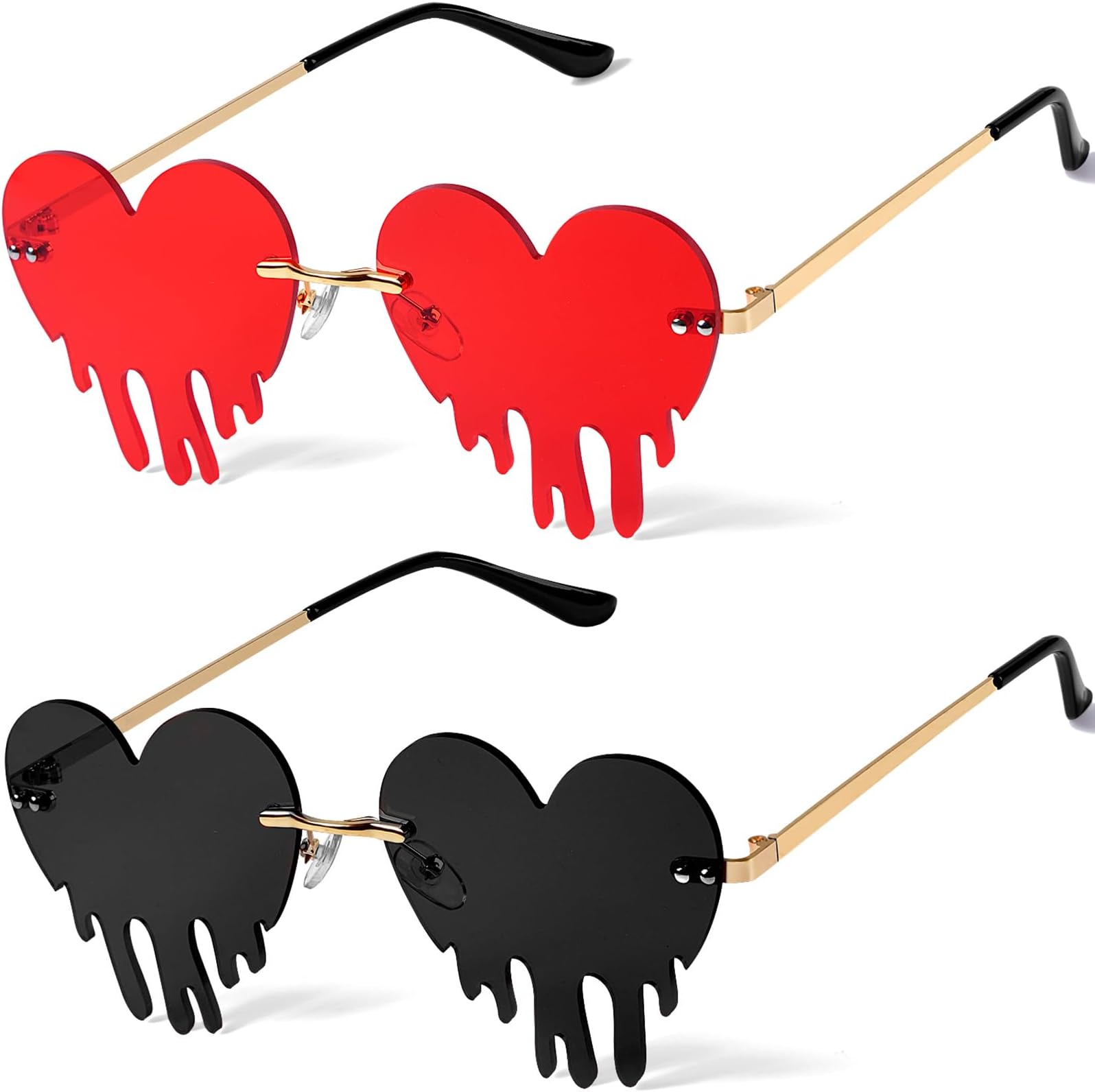 2 Pairs Drippy Heart Shaped Sunglasses Rave Festival Glasses Melting Heart Drip Sunglasses for Women and Men