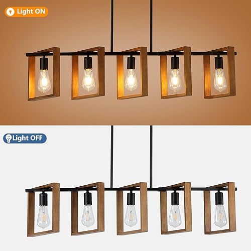 Miniatura 5 de 9MMML Iluminación de isla de cocina de 41.5 pulgadas, 5 luces de comedor, candelabros de madera rústicos de altura ajustable para cocina, luces de