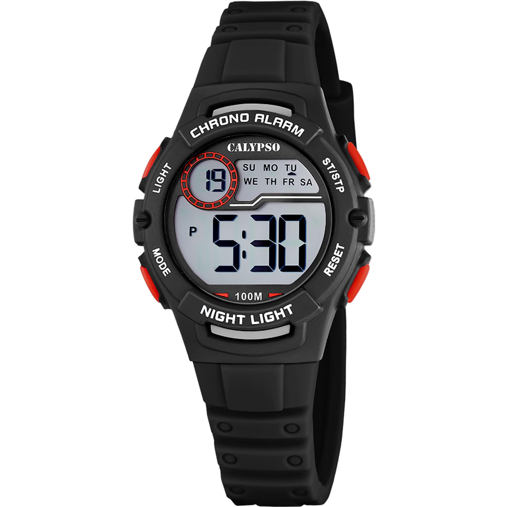 Calypso Montre Enfant Digitale - Bracelet Caoutchouc Noir - Étanche 10 ATM - Date Calendrier Chronographe Double Heure Lumière Alarme 12/​24 h - Junior Collection - K5852/​6