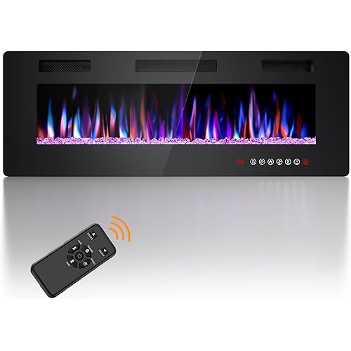 Joy Pebble 42 Inch Electric Fireplace Inserts, in-Wall Recessed and Wall Mounted 750/1500W Fireplace Heater, Touch Screen, Remote Control with Timer, Adjustable Flame Color and Speed