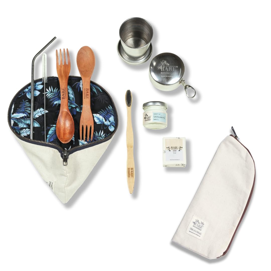 - Bare Necessities Zero Waste Travel Kit (Zipper) – Stainless Steel Straw, Spork, Bamboo Toothbrush, Jasmine Soap, Tumbler & Moisturizer, Eco-Friendly Travel Essentials in Upcycled Zipper Pouch