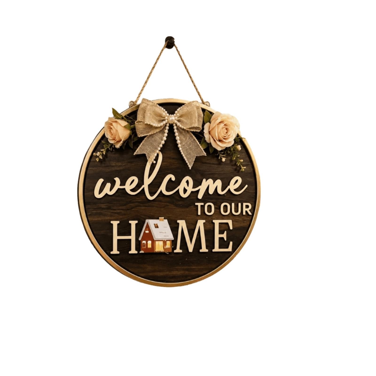 Front Door Wreath Welcome Sign 2D Flat Welcome Sign Wooden Bow Knot Door Wreath Flower Round Shape Wall Art Porch Decor(ColorD)