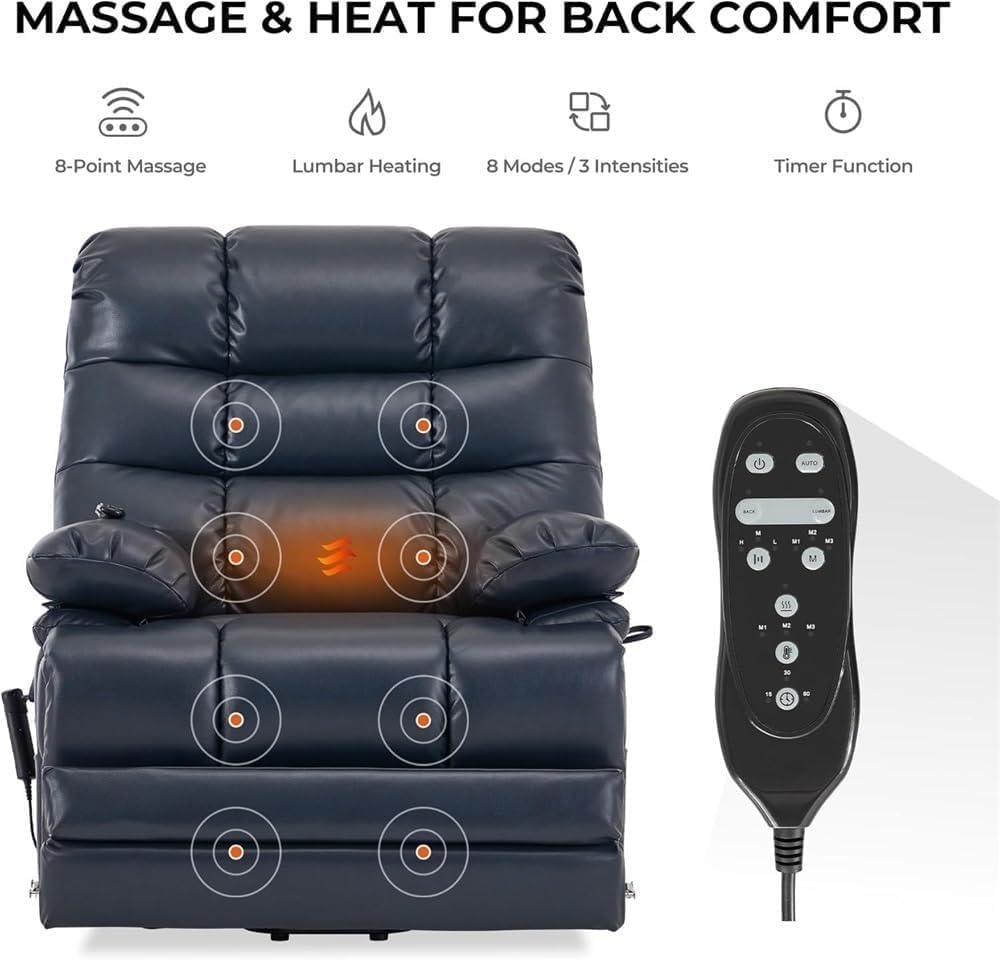 Electric Lift Recliner Chair for Seniors Big and Tall Heated Massage Lay Flat Oversized Faux Leather Sofa Bed Extended Footrest Comfortable Dark Blue Living Room Furniture Heavy Duty