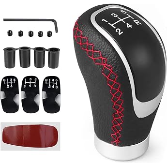 Gear Knob 5 Gear Universal Gear Knobs Premium Leather Gear Lever Car Manual Gear Knob with 4 Adapters 8 mm 10 mm 11 mm 12 mm for Manual Cars with 5 Speed Manual Transmission - Red