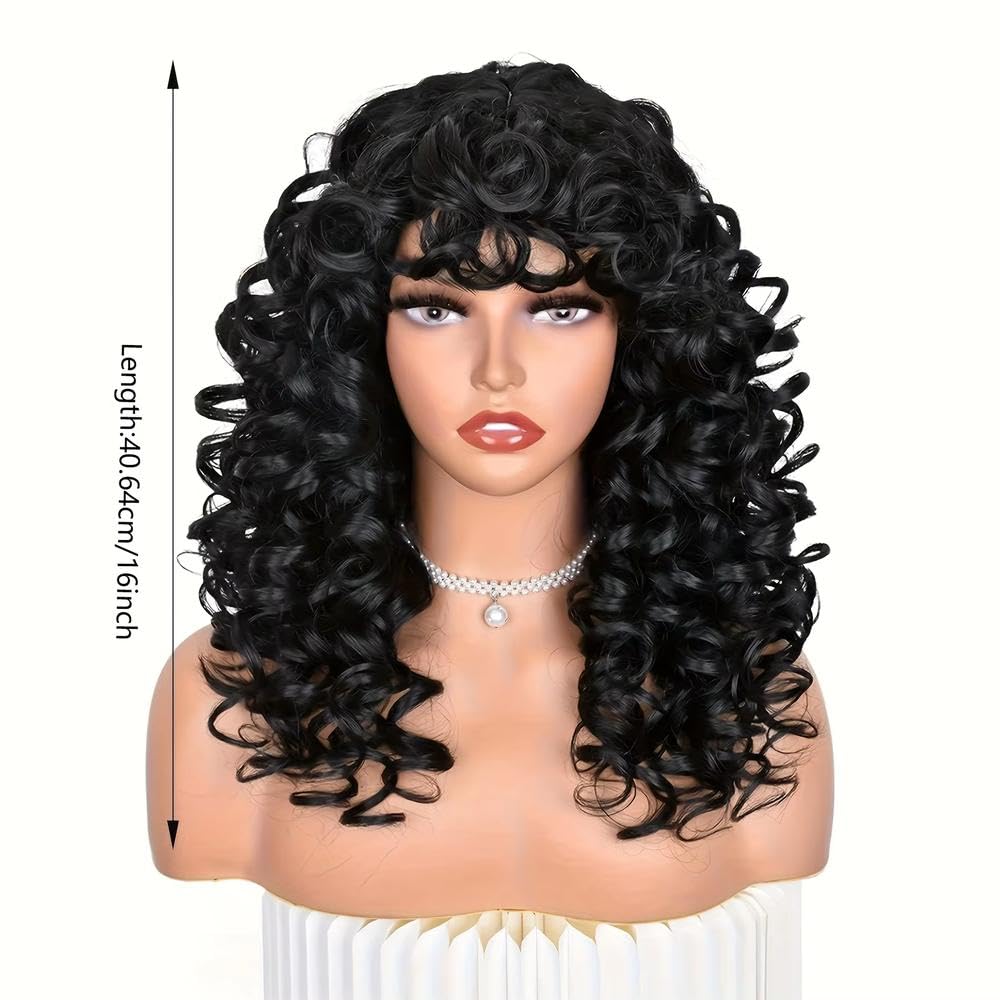 Haarpflege Schwarze Lockige Perücke Für Frauen Mit Pony. Schwarze Lockige Haarperücke Für Den Täglichen Gebrauch Und Cosplay