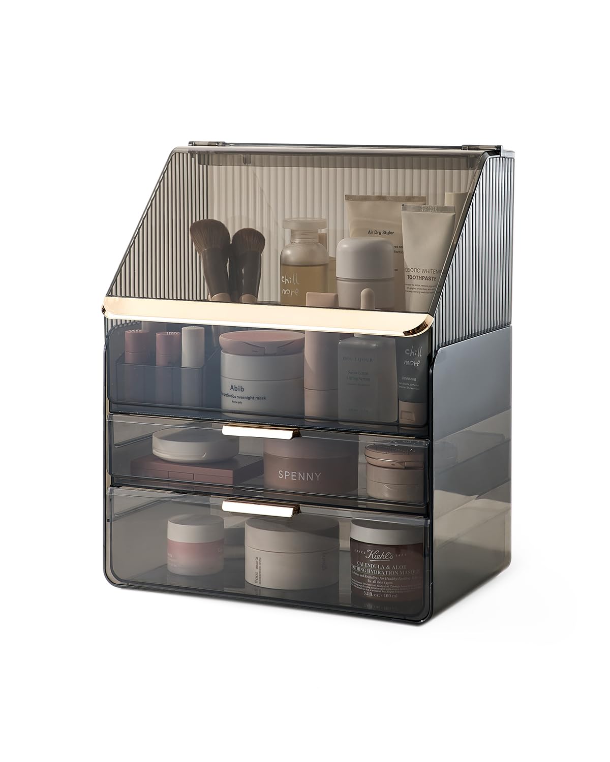 EACHY Makeup Organizer for Vanity, Cosmetic Display Cases with 2 Drawers and Transparent Dustproof Cover, Skincare Organizers and Lipstick Organizer (Black)