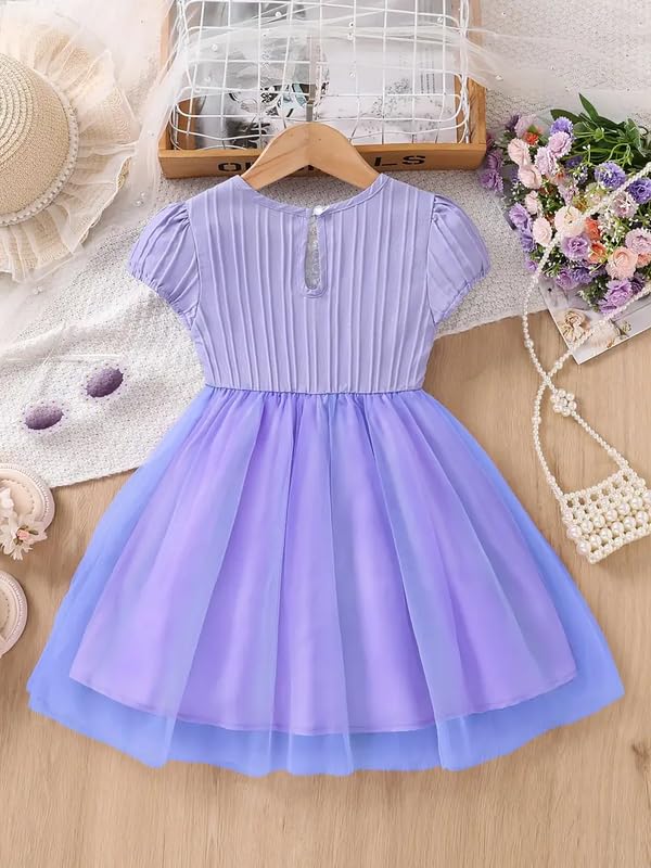 Image of Niren Enterprise Girls' Lilac Flower Waist, Tulle Skirt, Puff Sleeve, Elegant Birthday, Soft Lining Dress