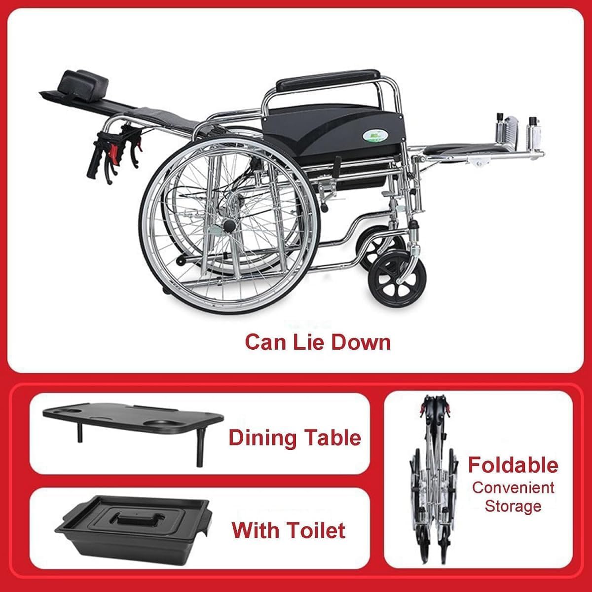 Silla de ruedas Respaldo alto Wheelchai Silla de ruedas manual reclinada Marco de aluminio plegable ligero Silla de ruedas Mesa pequeña Orinal Sillas de ruedas