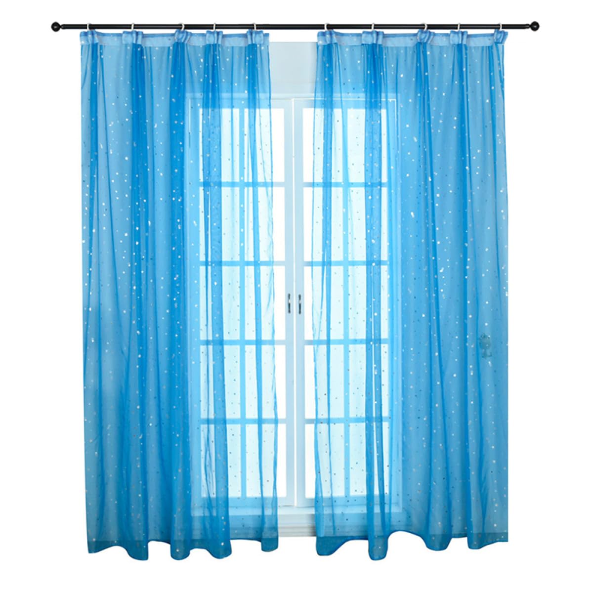 Rideau voilage bleu 100x270 cm à étoiles argentées pour décoration salon