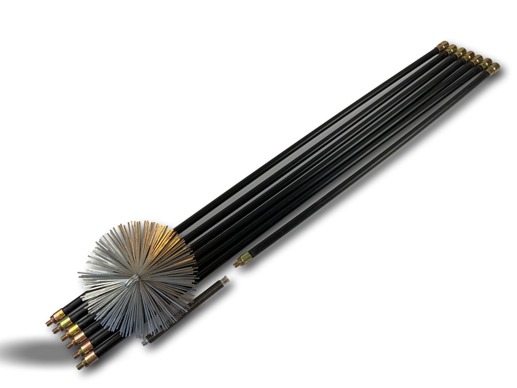 Kit de deshollinado Hyper Pro para conductos no entubados | Cepillo de acero | Ø250 mm | 7 varillas negras PPN macizas contra roscadas Ø20 mm | Resorte de inicio | 6x2 m + 1x1 m | Kibros RAMHP25A