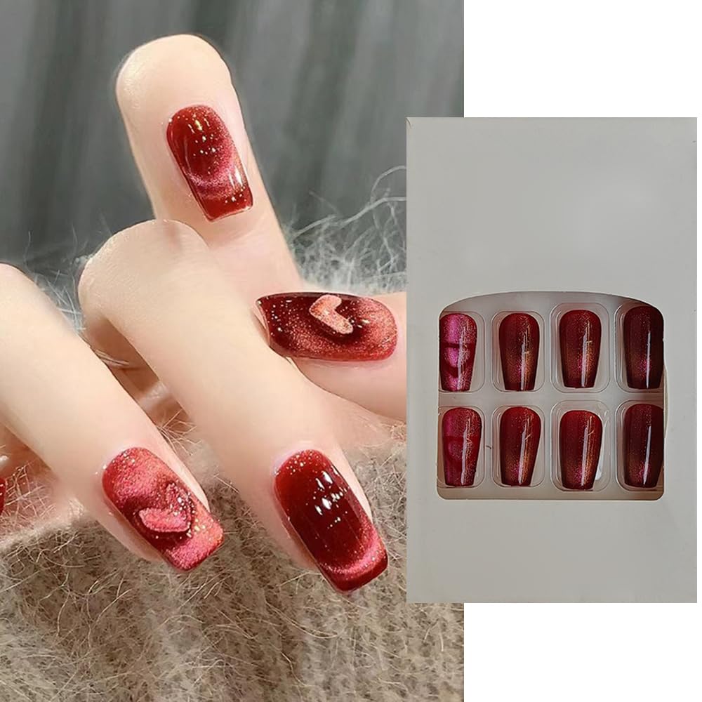 S.A.V.I 24 PCs Medium Length Red Cat's Eye Coffin Shape False Nails - Stylish Heart Design | Premium Press-On Nail Set for Women | Natural, Comfortable Artificial Nails for Parties-image-35