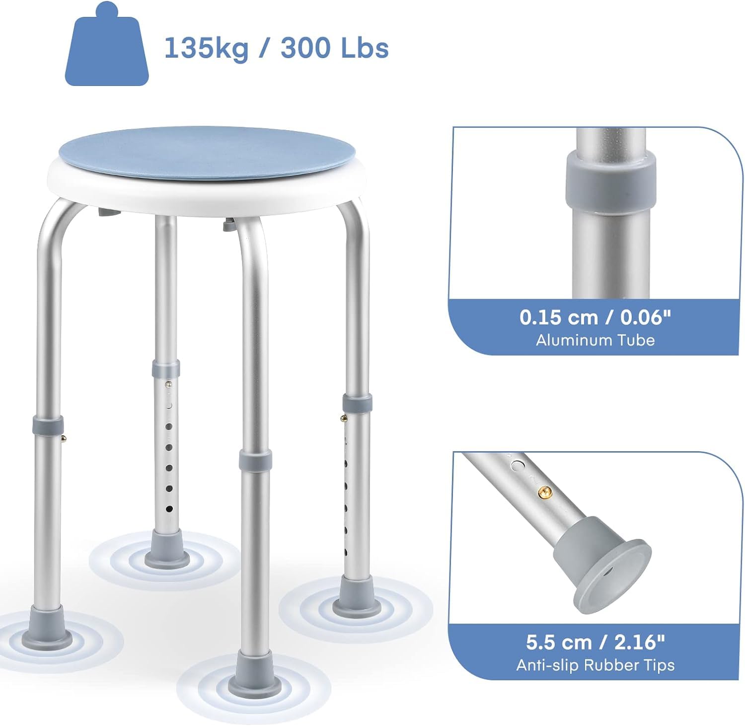 Taburete de ducha, giratorio 360°, taburete de baño con pies de goma antideslizantes, estable, 7 alturas ajustables (36 – 52 cm), para personas mayores, discapacitados, embarazadas