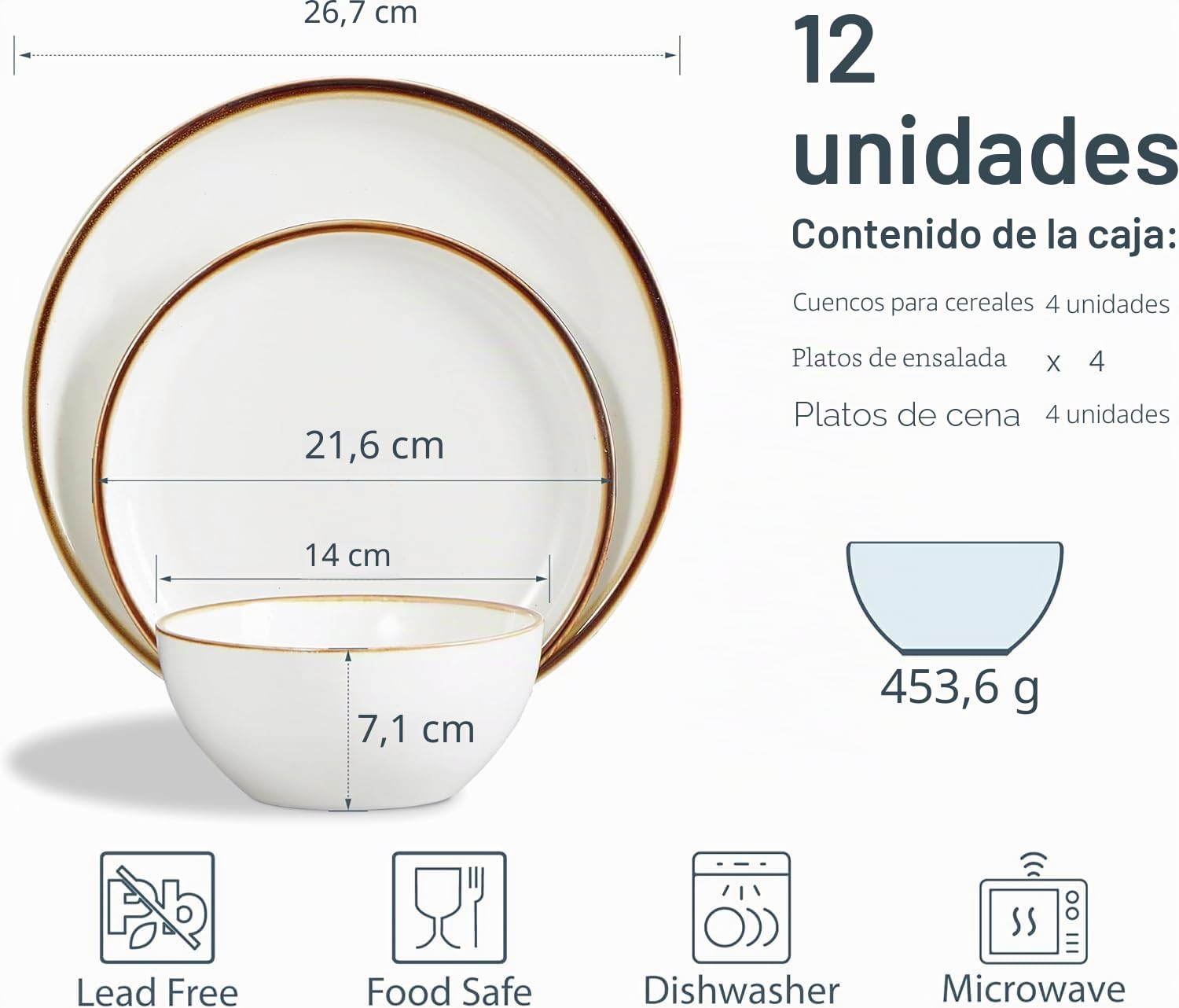 ONEMORE Juego de platos y cuencos, vajilla para 4, juego de platos de cocina de porcelana, 12 piezas, resistente a los arañazos, juego de vajilla estética moderna, apto para microondas y lavavajillas