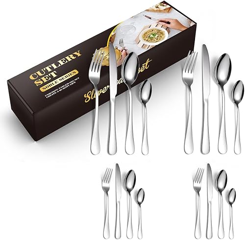 Juego de cubiertos para 4 cubiertos de acero inoxidable de alta calidad, 16 piezas, juego de cubiertos de plata, incluye cuchillo, tenedor, cuchara