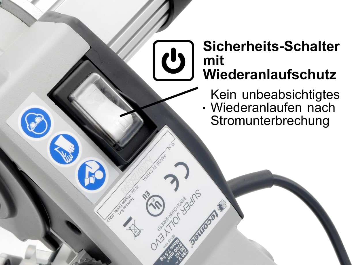 Tecomec Super Jolly SJ Pro Evo Kettenschärfgerät 230 V – hydraulisch halbautomatisch, mit Arbeitslicht, inkl. 3 Schleifscheiben & Befestigungsmaterial, inkl. 3/4" Harvester-Arretierung