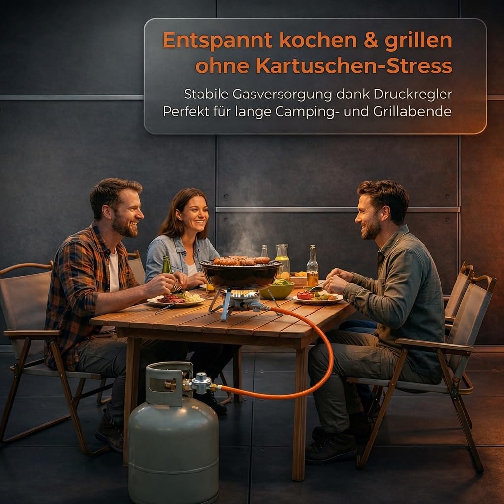 EN417 Adapter-Schlauch auf Gasflasche mit Gasdruckregler, Umrüstschlauch für Schraubkartuschen-Geräte, 1 m, 7/16-28 UNEF auf 3/8 LH, 1,5 bar 8 kg/h, Schlauch EN 16436-1, inkl. Polybeutel