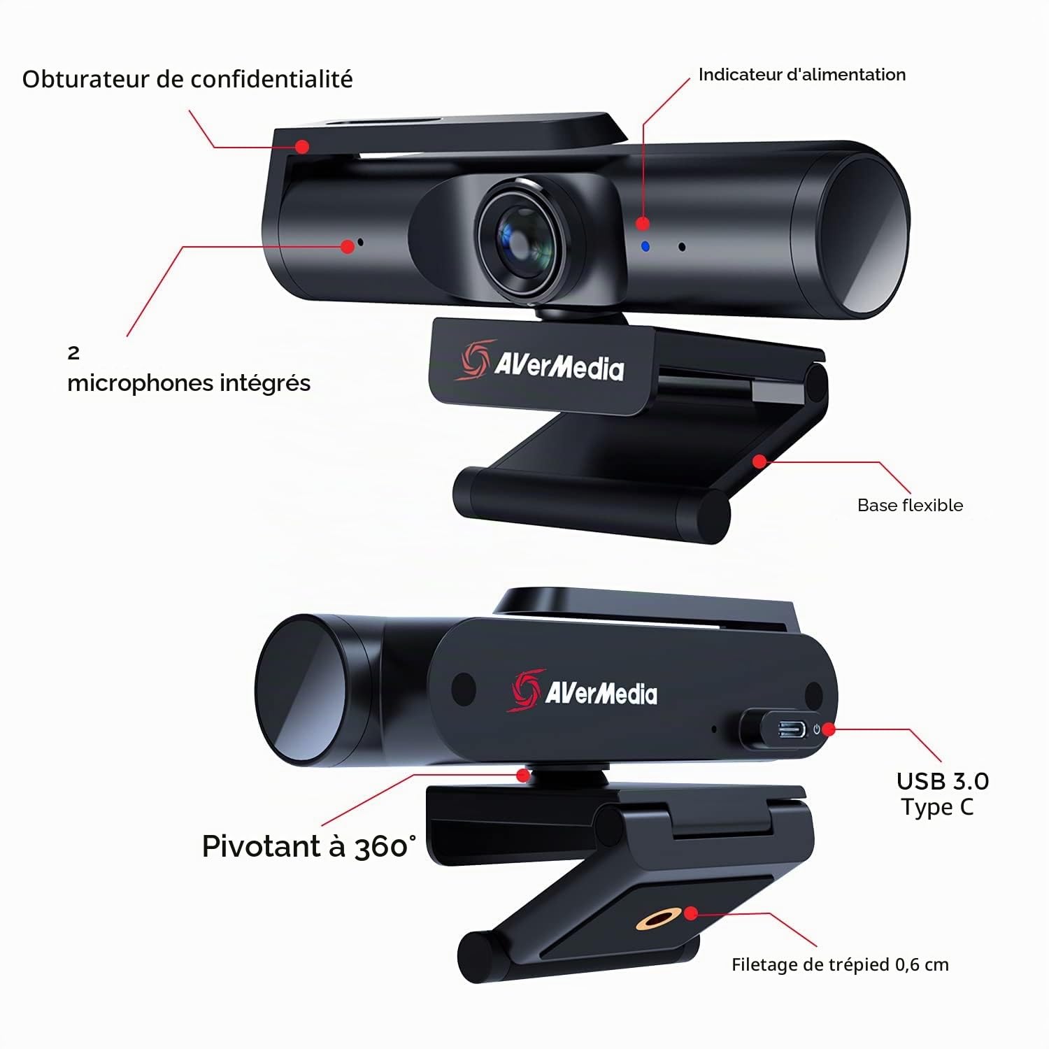 AVerMedia Live Streamer CAM 513 Webcam Ultra Grand Angle 4K avec Couverture Webcam, Microphone intégré, Plug & Play pour Jeu, Stream, Appel vidéo – PW513 Noir