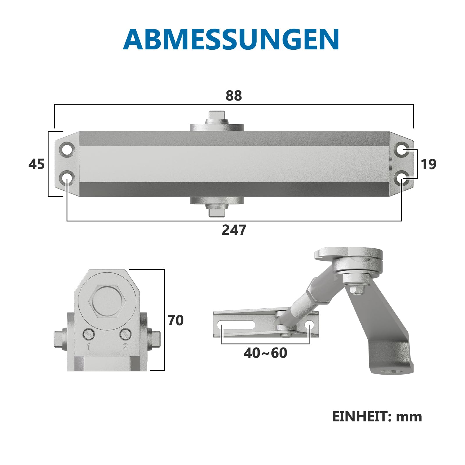 Ferme-porte automatique avec fonction de blocage - Ferme-porte supérieur - Régulation de la force hydraulique en continu EN1-EN6 pour porte intérieure et extérieure - BACKCHECK pour commercial et