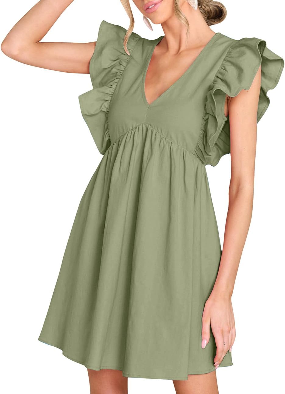 FANCYINN Women's Summer Casual Babydoll Mini Dress Ruffle Sleeveless Deep V Neck Pleated Swing Flowy Tunic Dress